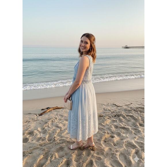 SUNDANCE Love Always Blue Lace Overlay Midi Dress Sz 6 Beach Coastal Romantic - Picture 6 of 14